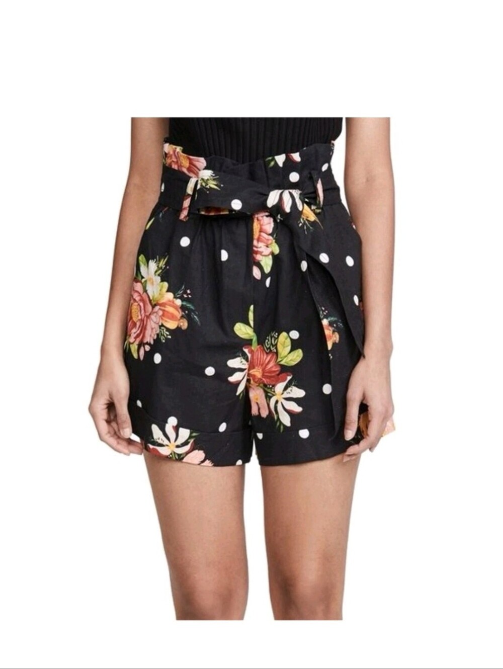 FARM Rio NWOT Shorts Black Floral & Polka Dot High Paperbag Waist with belt - Picture 5 of 7
